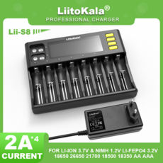 LiitoKala Lii-S8 LCD 18650 리튬 이온 3.7V NiMH 1.2V Li-FePO4 IMR 26650 21700 AA 9V 배터리 충전기, 02 Lii-S8 -Adapter, 02 US