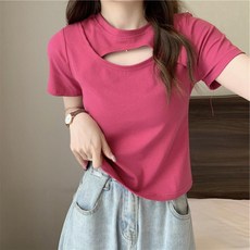 펀칭 반팔 여성 티셔츠 여름 슬림핏 여성 티셔츠