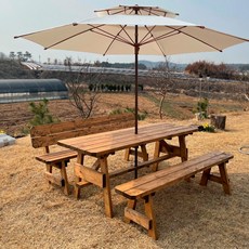 착한테이블 편리한 분리형 원목 야외용 탁자 정원 마당 파라솔 별매 야외 테이블 한쪽등받이 세트, 4인 한쪽 도토리색