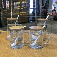 일가 세식구 물컵 네 홈 패밀리 머그컵 독창적 있음 뚜껑 스푼 여성, 유리 타입 네 식구 집 _（대나무 덮