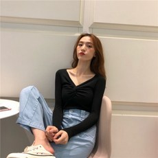 생활도움 2020 가을 브이넥 긴팔 블랙 슬림핏 섹시탑 이너 소시지 니트 이너
