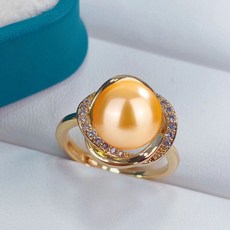 FANSYLI 진주 반지 여성 14k 큐빅 도금 반지 12mm 담수 진주 반지 사이즈 조절 반지 엄마 기념일 선물 W2406J02