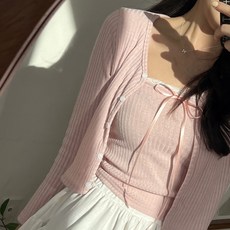 커밍투유 레이스 리본 민소매 나시 가디건 세트 발레코어룩