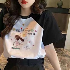 코튼 티셔츠 여성용 반팔 여름 옷 루즈 플러스 사이즈 배꼽 덮는 미들 상의