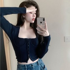스퀘어넥 긴소매 슬림핏 크롭 니트 2컬러