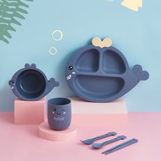 어린이 식기 식판 세트 가정용 아기 식사 그릇 컵 만화 귀여운 유치원 격자 분리 방지 보조 식판, 고래 - 6개의 바구니, 1개
