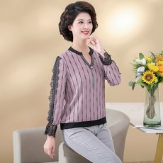 마네킹 중년 엄마 가을옷 유럽풍 V넥티셔츠 옷중간 노년 여성패션 부녀자 세트포장 봄가을옷 상의 동안 작은셔츠, C03-핑크