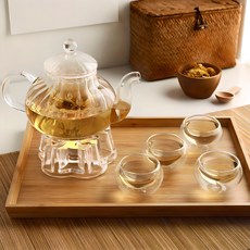 SAMHO GLASS 條紋耐熱玻璃茶壺茶杯組 teapotset-1, 單色, 茶壺+暖茶器+杯子 4入, 1組