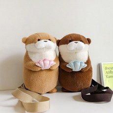 우소우소짱 수달 해달 인형 백팩 가방 27cm 동물 애착 인형 선물, 다크브라운, 1개