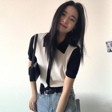 폴로 칼라 터치 컬러 반팔 니트 여성 2022 봄 여름 디자인 센스, S, 흰색