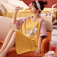 숙 녀 무승부 니트 면 반팔 중간 길이 nightdress 만화 귀여운 아우터 홈 옷