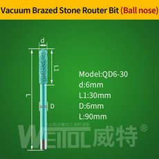 WeiTol 3D 조각 비트 진공 브레이징 스톤 커팅 볼 노즈 라우터 화강암용 V 그루브 1, 1개, 13 QD6-30