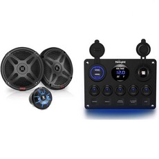 Pyle 6.5인치 듀얼 마린 스피커 키트 방수 증폭 블루투스 리모컨 수신기 Night 90101E 5Gang 다기능 Rocker USB 충전기 디지털 전압계 +12V 콘센트, 1개