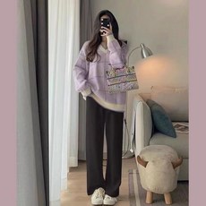 임산복 상하복 패션 겨울 임산부 브이넥 니트+기모 팬츠 세트 데일리 심플 임산부 세트 YJW