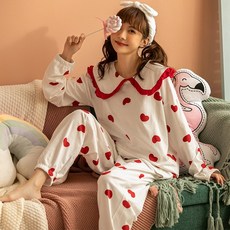 긴팔 파자마 소매 순면 여성 봄가을 가능 핏아우터 스위트 큐트 하트 프린세스 무드 플랫카라 실내복 홈웨어