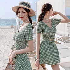 others 파 도 를 견 딜 수 있 는 수영복 여자 보수 원피스 타 입 체크 브 이 넥 을 모 아 배 가 려 팔 마 르 고 가슴 주 슬랙 스 빅 사이즈 뚱뚱 한 MM 비치 리 조 트 온천 그린 L [상담 하 세 요 고객 님!], 상세페이지 참조