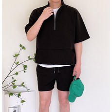 더유니크제이 남자 아노락 메쉬 반팔 트레이닝 세트 하이넥 반집업 반팔티 반바지 셋업 3컬러