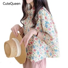 CuteQueen SS-3186 여름 플라워 카라넥 반팔 셔츠