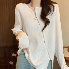 봄 가을 여성 라운드넥 지퍼 골지 니트 긴팔티 데일리 캐주얼 베이직 잔절기 니트티