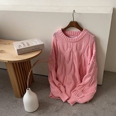 오버핏 울혼방 퍼프소매 꽈배기니트 SN