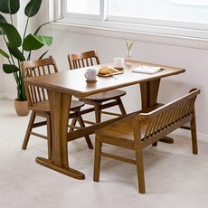 라로퍼니처 킹 1350 순수 원목 4인 식탁 세트 (식탁+의자2+벤치1)