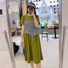 다보를 채집함 빅사이즈 여성의류 뚱뚱한 여름옷 체크 200근