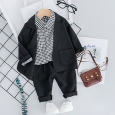 미소파파 남아 분또 블랙 깅엄 체크 셔츠 3종 상하 캐주얼 수트 정장 세트