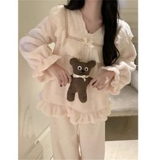여성용 두꺼운 따뜻한 핑크 잠옷 세트 레이스 자수 긴팔 벨벳 공주 홈웨어 S443 파자마