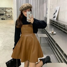 서스팬더원피스 오버롤원피스 멜빵원피스 겨울 가을 클래식 프렌치시크 허리보정 슬림핏 스윙 인조가죽 A라인 여성
