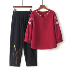 개량한복 여름 생활한복 중년 여성 여자 퓨전 전통 스타일 린네 티셔츠 자수 복고풍 상하세트