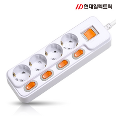 현대 국산 접지 개별 +과부하차단 스위치 멀티탭 멀티콘센트 4구 (16A), 화이트, 1개, 5m