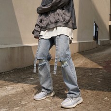 YAHOO 오버롤 츠나기 점프슈트 데님 멜빵 바지 스트리트 찢어진 청나시바지 와이드