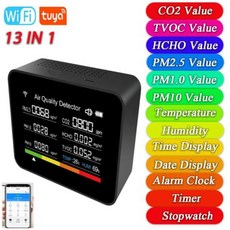 미세먼지측정기 Tuya 와이파이 공기질 모니터 실내 CO2 감지기 원격 앱 제어 알람 기능 계량기 TVOC HCHO PM25 PM10 13 in 1, 1개