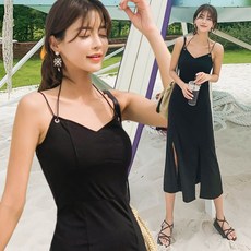 헤링본 롱 여름 비치원피스 섹시 스트랩 홀터넥 슬림핏 블랙 끈나시 휴양지 바캉스룩 비치웨어 HC447