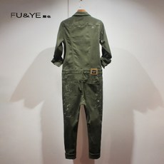 여자 가을 긴팔 빈티지 데님 점프슈트 밀리터리 롬퍼 점프수트