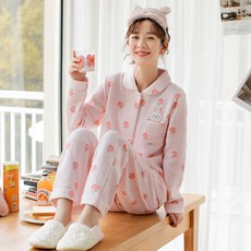 누빔 잠옷 핑크 민트 토끼 복숭아 피치 귀여운 여성 두꺼운 파자마 세트