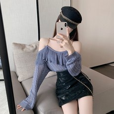 초 가을 오프숄더 어깨트임 페플럼 섹시 펀칭 끈나시 슬립 니트셔츠 하이웨이스트 날씬해 보이는 힙업 여성