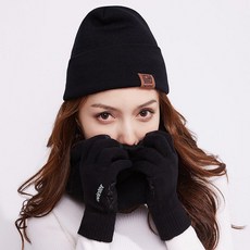 SexeMara 가을 겨울 커 플 모자 목도리 장갑 3 종 세트 남녀 터치 스크린 털실 플러스 벨벳 보온 니 트 블랙 M (56 - 58 cm)