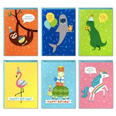 홀마크 아동용 생일 카드 모음 봉투 포함 48장(공룡 나무늘보 유니콘 플라밍고 거북이 상어)