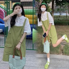 엔티랄라 임부복 투피스 하복 세트 헐렁한 스타일리시한 플라워 셔츠 멜빵 바지