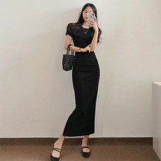 여성용 반팔원피스 라운드 무지원피스 여성스러운 날씬한 마인골지셔링트임롱원피스