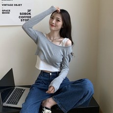 겨울 가을 옷 디자인 감각 보이핏 볼륨 여성 기계 조심 유넥 섹시 오프숄더 어깨트임 긴 소매 커버