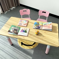 이엘퍼니처 (1200*600)레미 원목 높이조절 아이책상의자세트 (책상1+의자2) / 2인용, 네츄럴 핑크, 핑크, 핑크