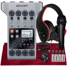 Zoom PodTrack P4 휴대용 멀티트랙 팟캐스트 레코더 오디오 인터페이스마이크 입력 4개 포함 헤드폰 출력 핸드헬드 마이크 내장 64GB SD 팝 필터 배터리 등