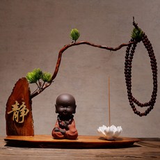bogu 프레임 zisha 장식품 동자 스님 가정평화 새차 신차고사 관세음보살 풍수지리 부처상, 정적 단어베이스 + 명상 초보자 수도사 (빨간색