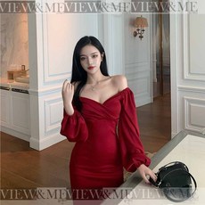 뷰앤미 섹시원피스 파티드레스 홀복 긴팔 퍼프소매 브이넥 오프숄더 H라인 레트로원피스