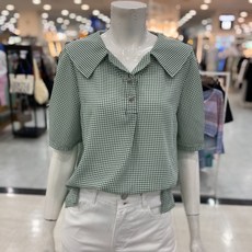 숲 세일러 카라넥 잔체크 퍼프 반팔 셔츠 블라우스 OA5SST6