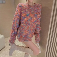 INS 인싸템 소프트 찰 무지개 색상 와이드 라운드넥 여성 빅 야드 니트 유행 백