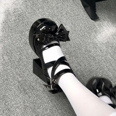 가을 여성 핑크 리본 미끄럼 방지 구두 블랙 방수 통굽 스트랩 여성화