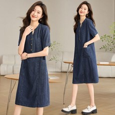 얇은데님 반팔 실크원피스 캐주얼 A라인원피스 앞단추 부드러운 우아한 여성 청원피스 ~3XL까지 - 이미지 2